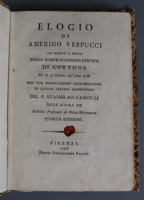 Canoval, Stanislao - Elogio di Amerigo Vespucci, 4th [and last] edition, 8vo, engraved portrait frontis, rebound